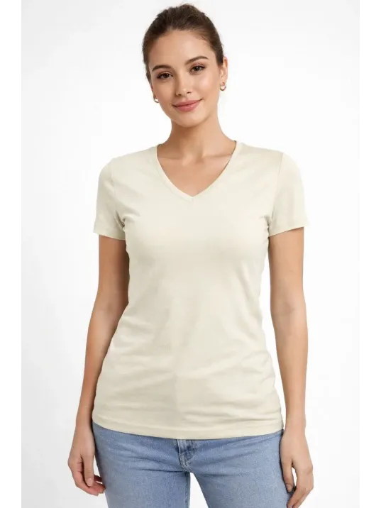 Kadın 2'li V Yaka Tişört – Kısa Kollu Yazlık Slim Fit Body - Saks Mavisi & Ekru
