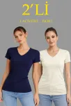 Kadın 2'li V Yaka Tişört – Kısa Kollu Yazlık Slim Fit Body - Lacivert & Ekru