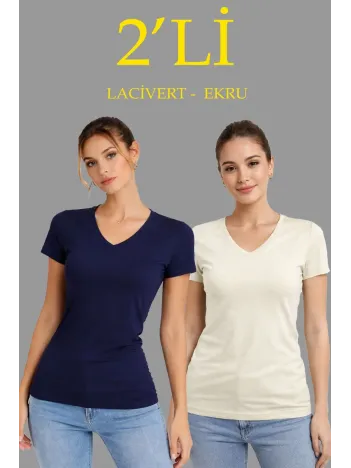 Kadın 2'li V Yaka Tişört – Kısa Kollu Yazlık Slim Fit Body - Lacivert & Ekru