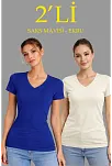 Kadın 2'li V Yaka Tişört – Kısa Kollu Yazlık Slim Fit Body - Saks Mavisi & Ekru