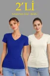 Kadın 2'li V Yaka Tişört – Kısa Kollu Yazlık Slim Fit Body - Saks Mavisi & Ekru