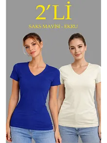 Kadın 2'li V Yaka Tişört – Kısa Kollu Yazlık Slim Fit Body - Saks Mavisi & Ekru