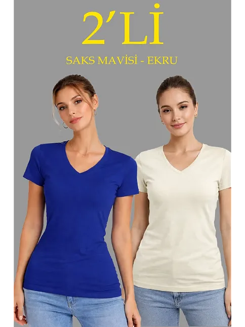 Kadın 2'li V Yaka Tişört – Kısa Kollu Yazlık Slim Fit Body - Saks Mavisi & Ekru