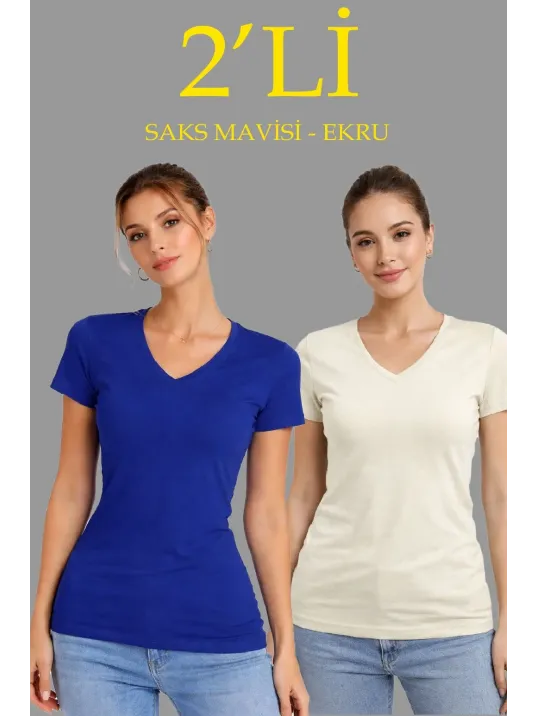 Kadın 2'li V Yaka Tişört – Kısa Kollu Yazlık Slim Fit Body - Saks Mavisi & Ekru