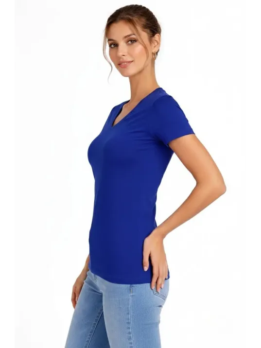 Kadın 2'li V Yaka Tişört – Kısa Kollu Yazlık Slim Fit Body - Saks Mavisi & Ekru