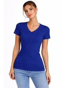 Kadın 2'li V Yaka Tişört – Kısa Kollu Yazlık Slim Fit Body - Saks Mavisi & Ekru