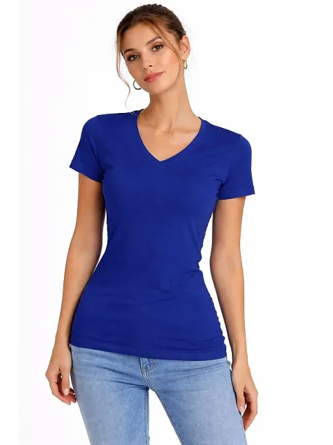 Kadın 2'li V Yaka Tişört – Kısa Kollu Yazlık Slim Fit Body - Saks Mavisi & Ekru