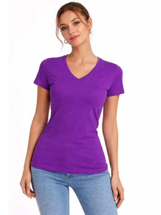 Kadın 2'li V Yaka Tişört – Kısa Kollu Yazlık Slim Fit Body - Toz Pembe & Mor