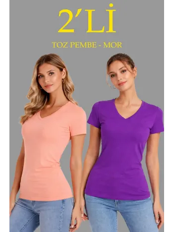 Kadın 2'li V Yaka Tişört – Kısa Kollu Yazlık Slim Fit Body - Toz Pembe & Mor