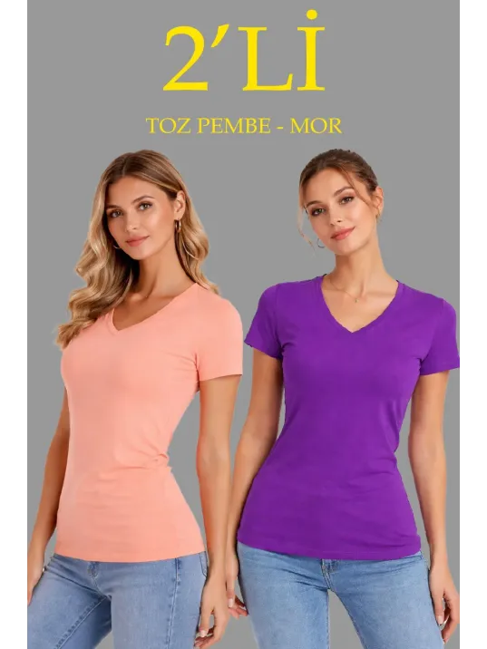 Kadın 2'li V Yaka Tişört – Kısa Kollu Yazlık Slim Fit Body - Toz Pembe & Mor