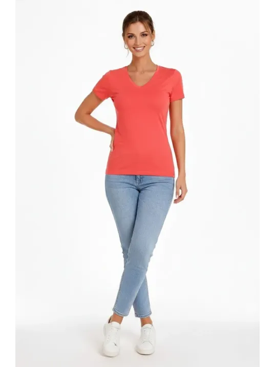 Kadın 2'li V Yaka Tişört – Kısa Kollu Yazlık Slim Fit Body - Nar Çiçeği & Açık Mavi