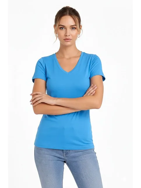 Kadın 2'li V Yaka Tişört – Kısa Kollu Yazlık Slim Fit Body - Nar Çiçeği & Açık Mavi