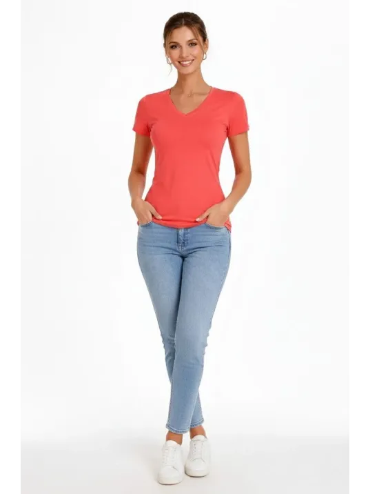 Kadın 2'li V Yaka Tişört – Kısa Kollu Yazlık Slim Fit Body - Nar Çiçeği & Açık Mavi