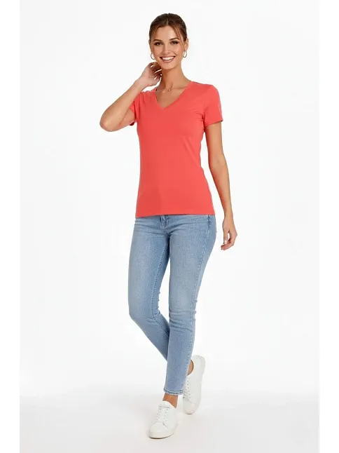 Kadın 2'li V Yaka Tişört – Kısa Kollu Yazlık Slim Fit Body - Nar Çiçeği & Açık Mavi