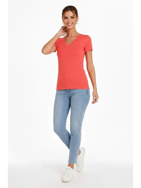 Kadın 2'li V Yaka Tişört – Kısa Kollu Yazlık Slim Fit Body - Nar Çiçeği & Açık Mavi