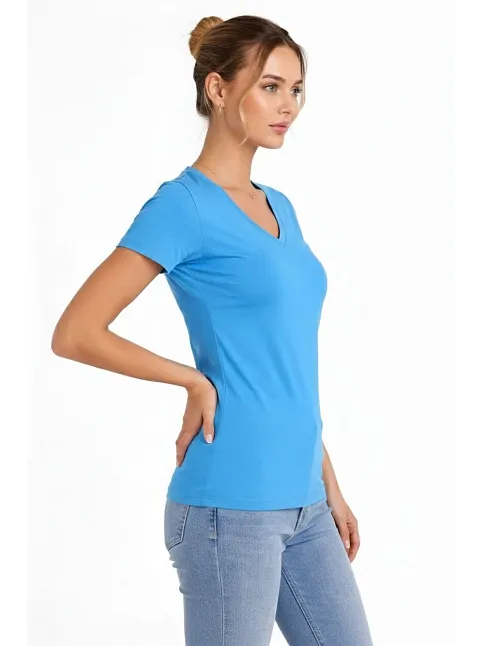 Kadın 2'li V Yaka Tişört – Kısa Kollu Yazlık Slim Fit Body - Nar Çiçeği & Açık Mavi