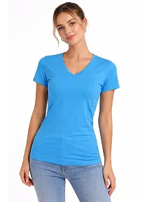 Kadın 2'li V Yaka Tişört – Kısa Kollu Yazlık Slim Fit Body - Nar Çiçeği & Açık Mavi