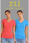 Kadın 2'li V Yaka Tişört – Kısa Kollu Yazlık Slim Fit Body - Nar Çiçeği & Açık Mavi