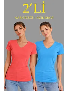 Kadın 2'li V Yaka Tişört – Kısa Kollu Yazlık Slim Fit Body - Nar Çiçeği & Açık Mavi