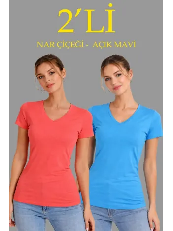 Kadın 2'li V Yaka Tişört – Kısa Kollu Yazlık Slim Fit Body - Nar Çiçeği & Açık Mavi