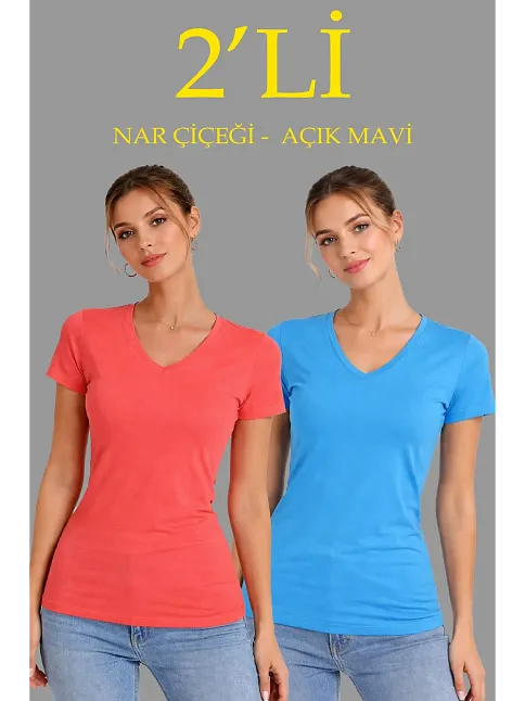 Kadın 2'li V Yaka Tişört – Kısa Kollu Yazlık Slim Fit Body - Nar Çiçeği & Açık Mavi