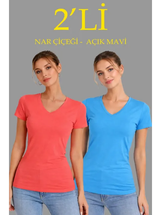 Kadın 2'li V Yaka Tişört – Kısa Kollu Yazlık Slim Fit Body - Nar Çiçeği & Açık Mavi