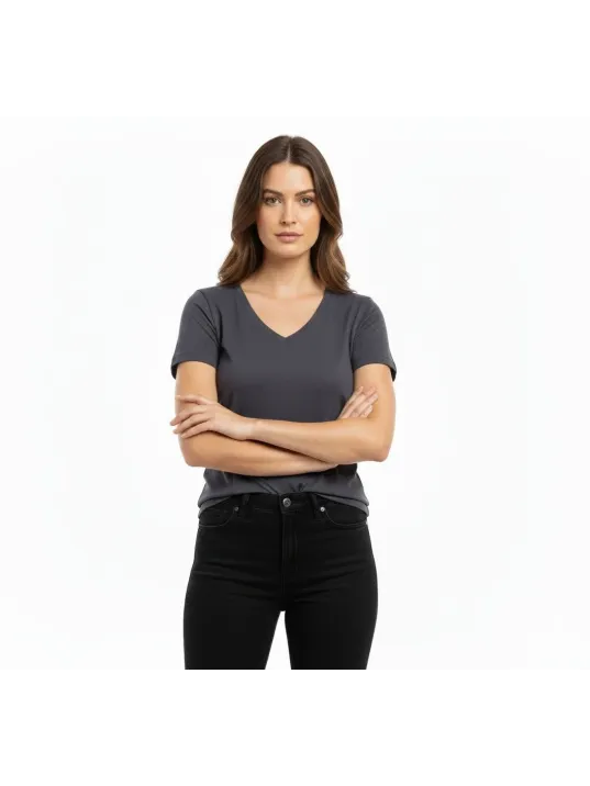 Kadın 2'li V Yaka Tişört – Kısa Kollu Yazlık Slim Fit Body - Bordo & Füme