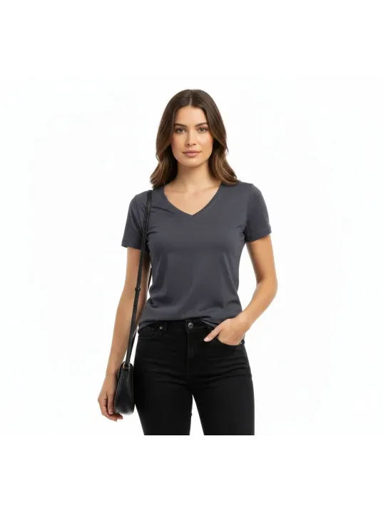 Kadın 2'li V Yaka Tişört – Kısa Kollu Yazlık Slim Fit Body - Bordo & Füme