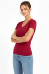 Kadın 2'li V Yaka Tişört – Kısa Kollu Yazlık Slim Fit Body - Bordo & Füme