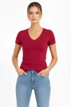 Kadın 2'li V Yaka Tişört – Kısa Kollu Yazlık Slim Fit Body - Bordo & Füme