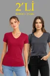 Kadın 2'li V Yaka Tişört – Kısa Kollu Yazlık Slim Fit Body - Bordo & Füme