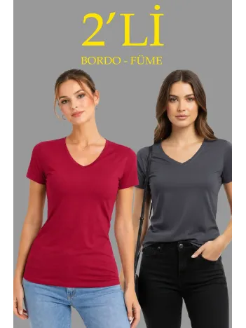 Kadın 2'li V Yaka Tişört – Kısa Kollu Yazlık Slim Fit Body - Bordo & Füme