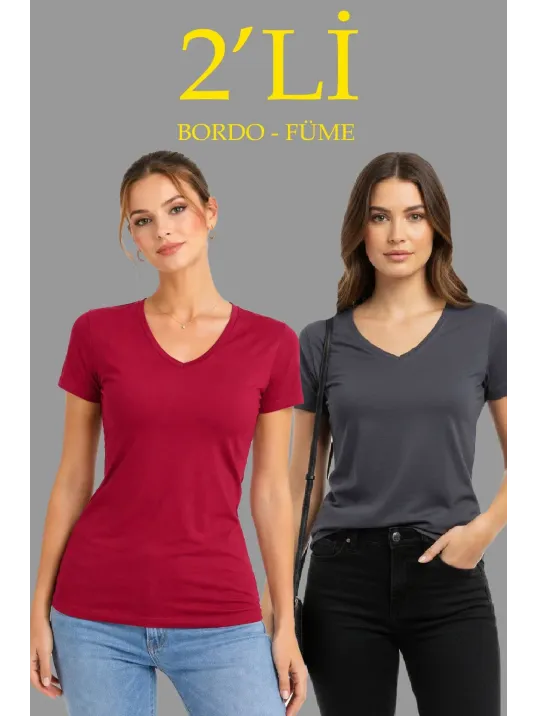 Kadın 2'li V Yaka Tişört – Kısa Kollu Yazlık Slim Fit Body - Bordo & Füme