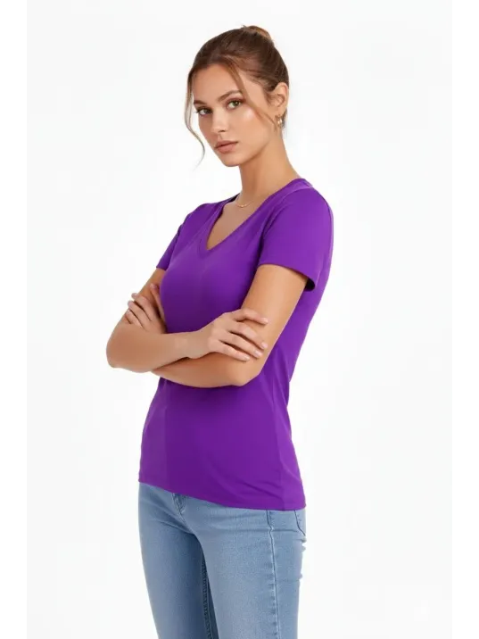 Kadın 3'lü V Yaka Tişört – Kısa Kollu Yazlık Slim Fit Body - Bordo, Mor, Füme