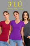 Kadın 3'lü V Yaka Tişört – Kısa Kollu Yazlık Slim Fit Body - Bordo, Mor, Füme