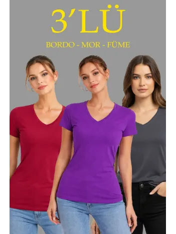 Kadın 3'lü V Yaka Tişört – Kısa Kollu Yazlık Slim Fit Body - Bordo, Mor, Füme