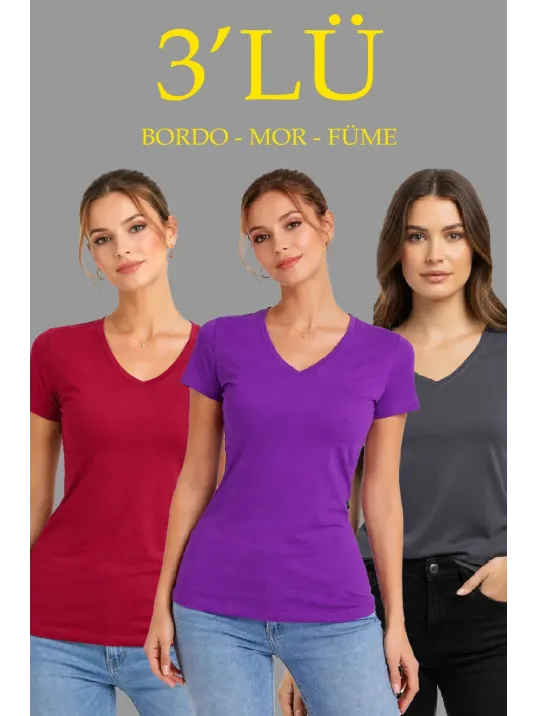 Kadın 3'lü V Yaka Tişört – Kısa Kollu Yazlık Slim Fit Body - Bordo, Mor, Füme