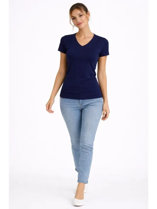 Kadın 3'lü V Yaka Tişört – Kısa Kollu Yazlık Slim Fit Body - Toz Pembe, Lacivert, Hardal