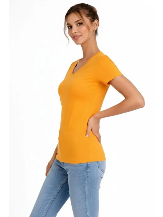 Kadın 3'lü V Yaka Tişört – Kısa Kollu Yazlık Slim Fit Body - Toz Pembe, Lacivert, Hardal