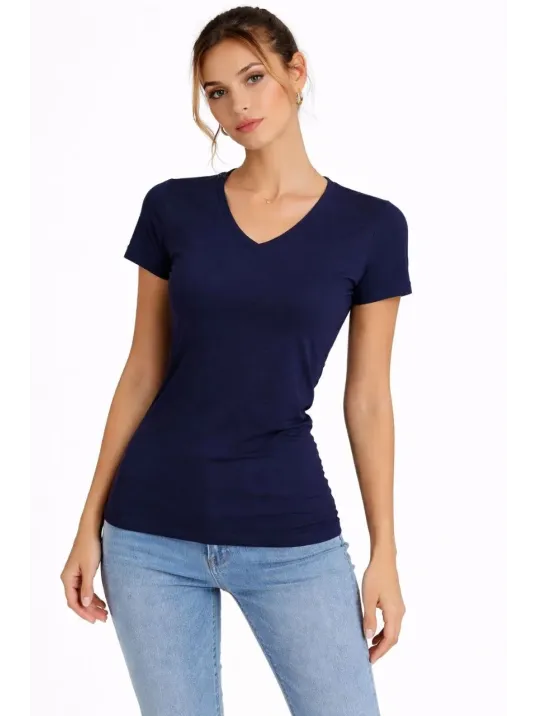 Kadın 3'lü V Yaka Tişört – Kısa Kollu Yazlık Slim Fit Body - Toz Pembe, Lacivert, Hardal