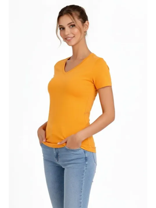 Kadın 3'lü V Yaka Tişört – Kısa Kollu Yazlık Slim Fit Body - Toz Pembe, Lacivert, Hardal