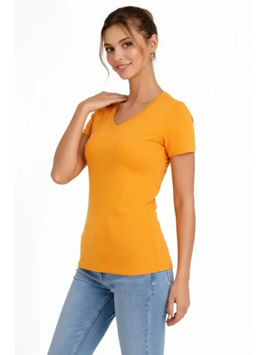 Kadın 3'lü V Yaka Tişört – Kısa Kollu Yazlık Slim Fit Body - Toz Pembe, Lacivert, Hardal