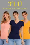 Kadın 3'lü V Yaka Tişört – Kısa Kollu Yazlık Slim Fit Body - Toz Pembe, Lacivert, Hardal