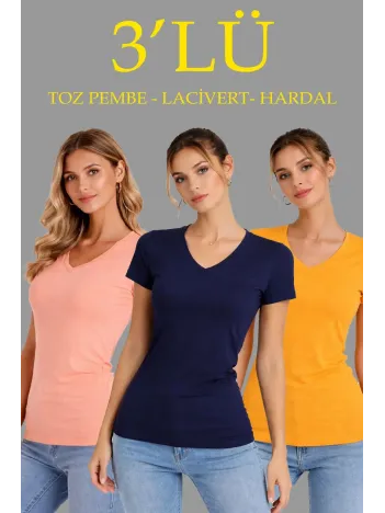 Kadın 3'lü V Yaka Tişört – Kısa Kollu Yazlık Slim Fit Body - Toz Pembe, Lacivert, Hardal