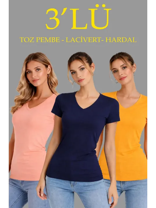 Kadın 3'lü V Yaka Tişört – Kısa Kollu Yazlık Slim Fit Body - Toz Pembe, Lacivert, Hardal