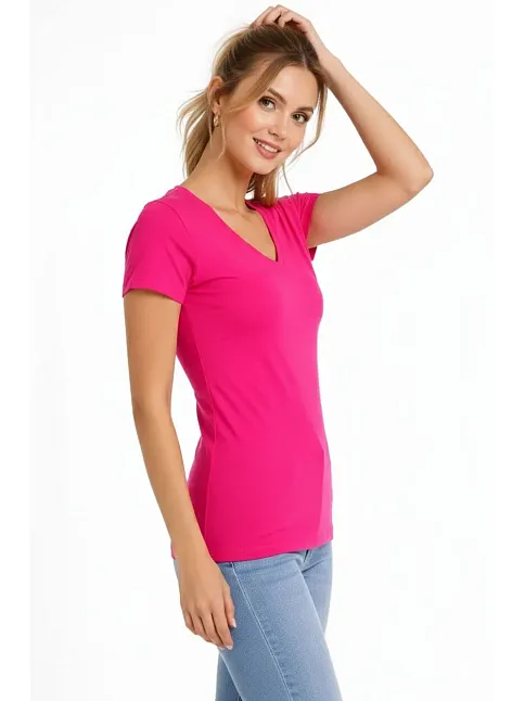 Kadın 3'lü V Yaka Tişört – Kısa Kollu Yazlık Slim Fit Body - Pembe, Açık Mavi, Ekru
