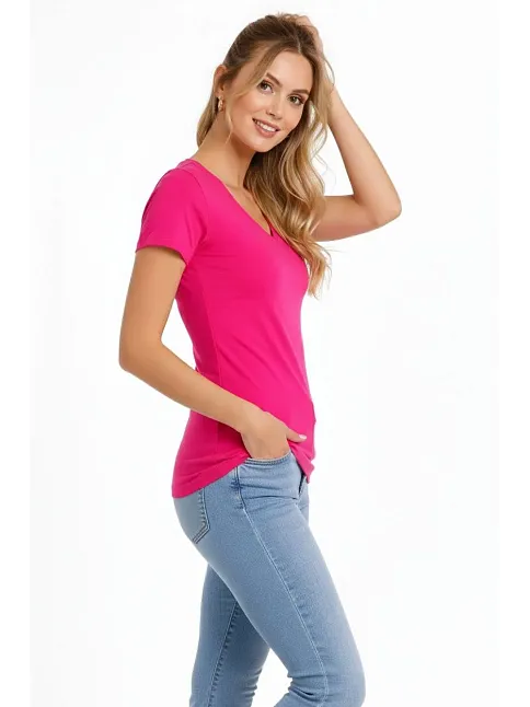 Kadın 3'lü V Yaka Tişört – Kısa Kollu Yazlık Slim Fit Body - Pembe, Açık Mavi, Ekru