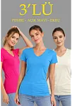 Kadın 3'lü V Yaka Tişört – Kısa Kollu Yazlık Slim Fit Body - Pembe, Açık Mavi, Ekru
