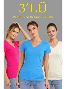 Kadın 3'lü V Yaka Tişört – Kısa Kollu Yazlık Slim Fit Body - Pembe, Açık Mavi, Ekru