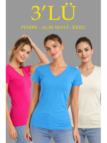 Kadın 3'lü V Yaka Tişört – Kısa Kollu Yazlık Slim Fit Body - Pembe, Açık Mavi, Ekru